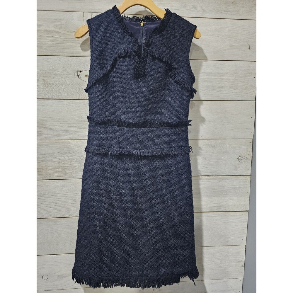 Tory Burch Natalia Women's Navy Blue Tweed Sleeveless Fringe Sheath dress size 0